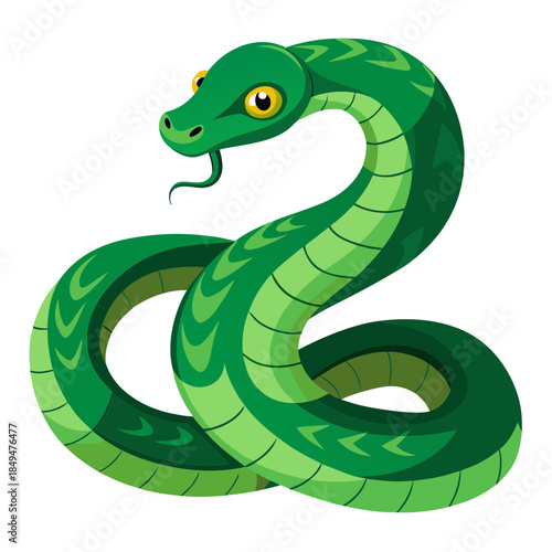 Cartoonish green snake with yellow eyes coiled in threatening posture on transparent background