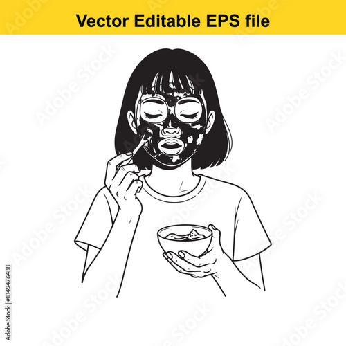  vector illustration of a woman applying a facial mask with a brush