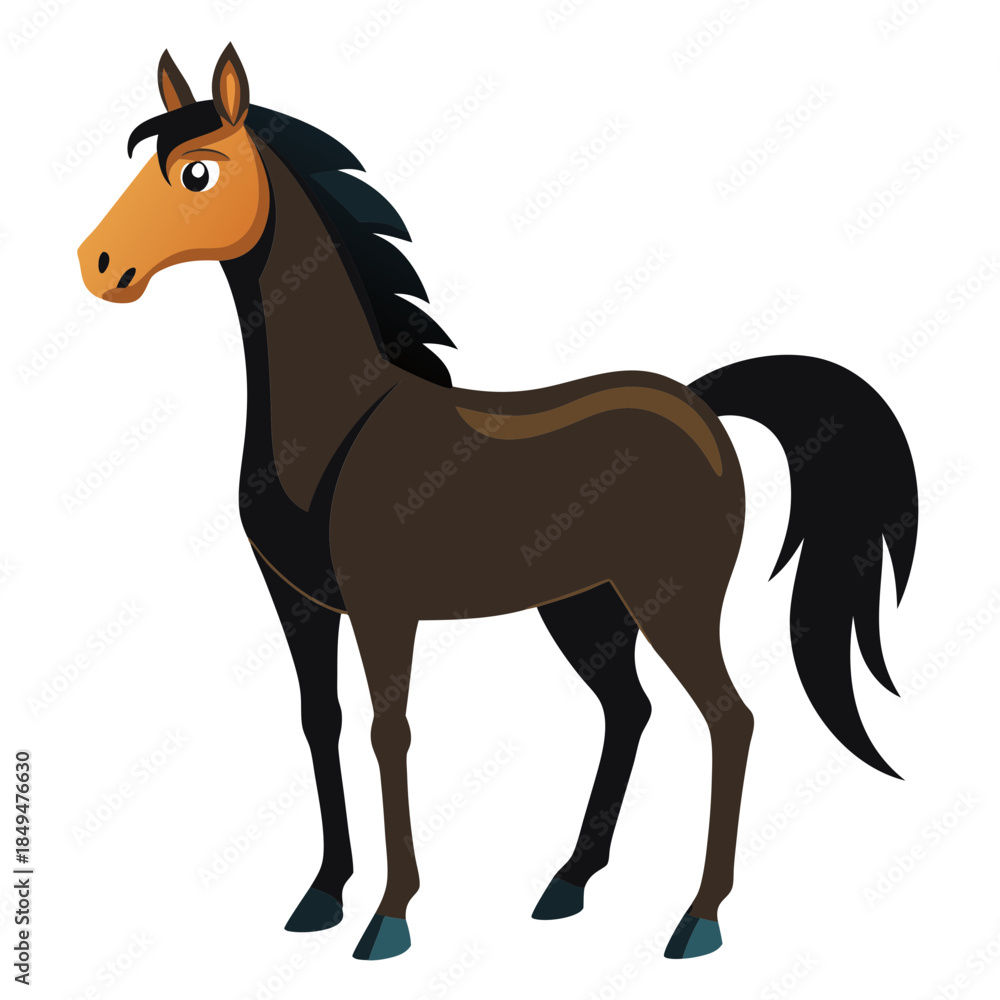 Fototapeta premium Cartoon brown horse with black mane and tail on transparent background