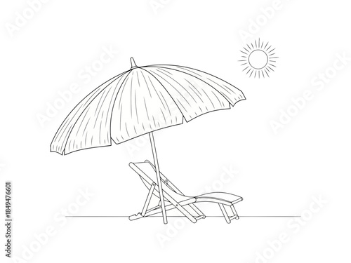 A simple line drawing of a beach chair with an umbrella under a sunny sky