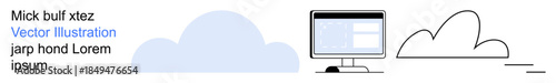 Technology, cloud storage, data management, remote access, internet services, digital communication. A cloud icon with a computer monitor and connected visual elements. Technology and cloud storage