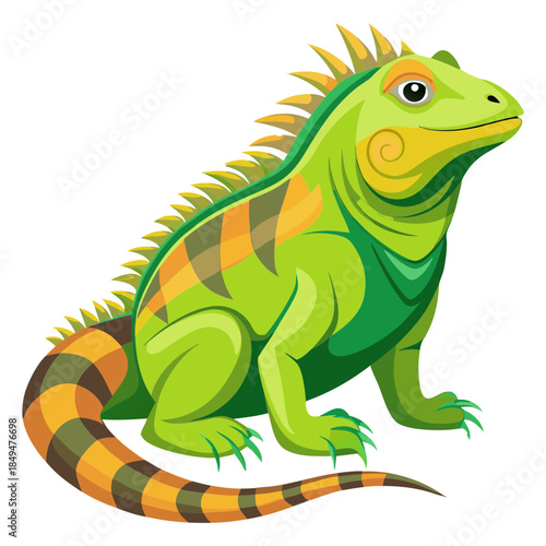 Vibrant green and orange iguana with spiky back and striped tail on transparent background