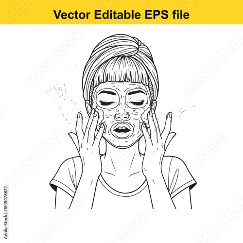  woman applying facial mask with hands on face and closed eyes in a detailed line drawing