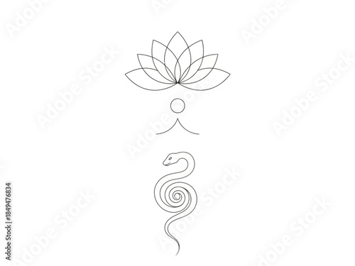 Minimalist line drawing of a lotus flower with a snake coiled around it
