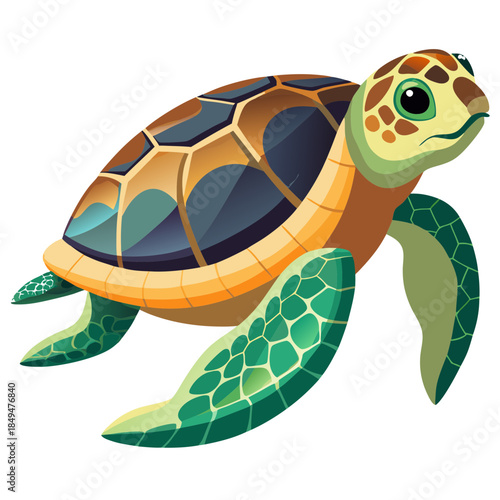 Colorful sea turtle swimming in ocean waters on transparent background