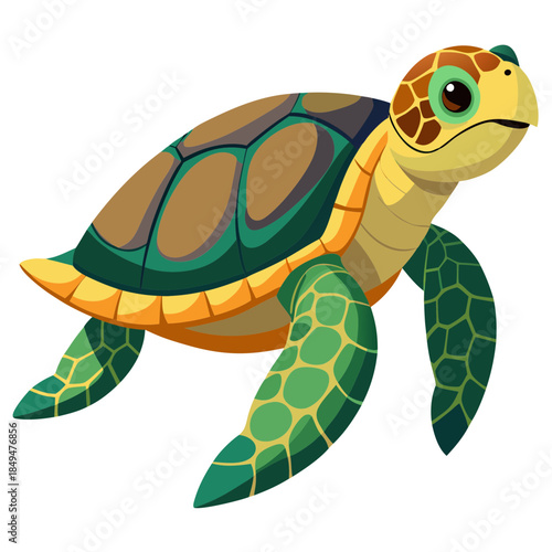 Colorful cartoon sea turtle swimming on transparent background