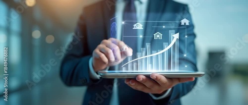 Business professional holds digital tablet with glowing house holograms, hands gesture subtly; camera pans slowly in cinematic style, ambient light flickers gently in modern workspace.