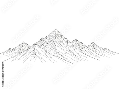 Black and white sketch of a mountain range with multiple peaks and valleys