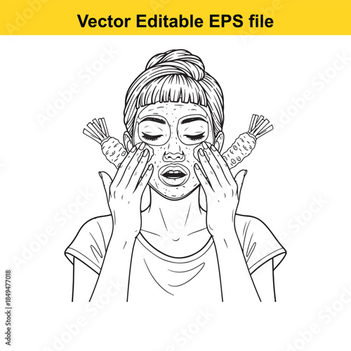  woman receiving a facial massage with cucumbers on her face and eyes closed in a relaxing spa treatment setting illustration