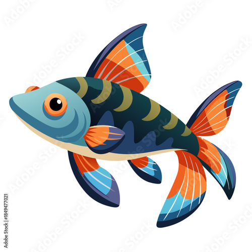 Colorful cartoon fish with vibrant orange fins and blue body on transparent background