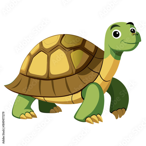 Cartoon green turtle with yellow shell and happy face on transparent background