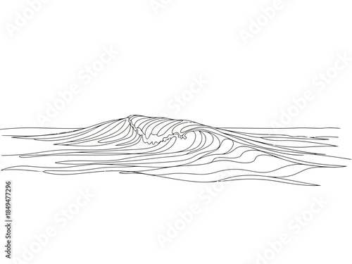 Black and white sketch of a mountain landscape with detailed contour lines