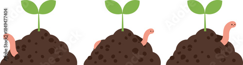Cute plant growth stages illustration, sprouting seedling with earthworm, soil mound vector, gardening concept, nature cycle, flat design