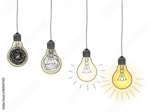 Four light bulbs hanging from strings with different stages of illumination from off to bright