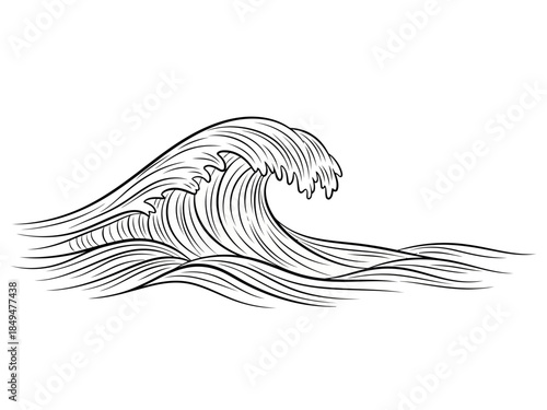 Black and white sketch of a large ocean wave crashing with detailed texture and motion