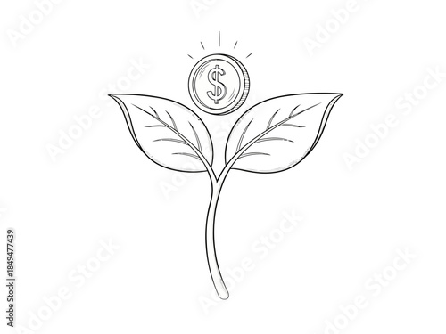 A dollar sign on a green leaf with a glowing aura representing growth and financial success