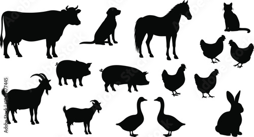 Farm animal silhouette set illustration, livestock collection including cow horse pig goat chicken duck rabbit dog cat vector