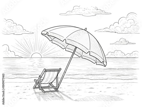 A relaxing beach scene with an empty deck chair and an open umbrella on the sand