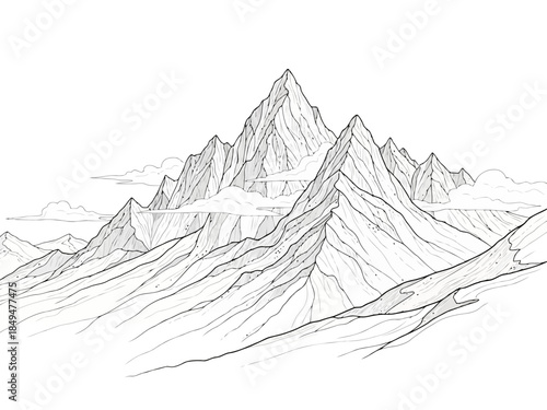 Black and white sketch of a mountain range with sharp peaks and rugged terrain