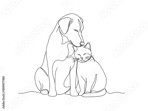 A black and white line drawing of a dog and cat sitting together in a friendly pose