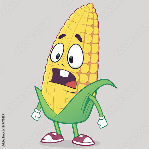 Cartoon corn character with exaggerated features and expressive face wearing sandals isolated on a white background