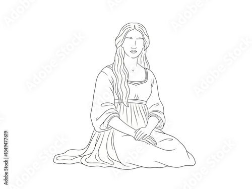 Elegant line drawing of a woman sitting with a serene expression and long flowing hair
