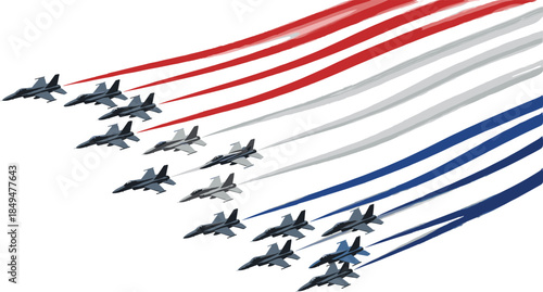 Military jet airshow illustration, fighter aircraft flying formation with red white blue smoke trails, patriotic aviation vector design