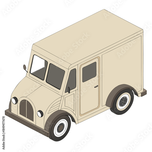 Isometric illustration of a beige delivery van with large cargo area and side door isolated on a white background