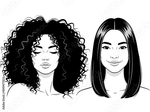 Two stylized portraits of women with different hairstyles and facial expressions