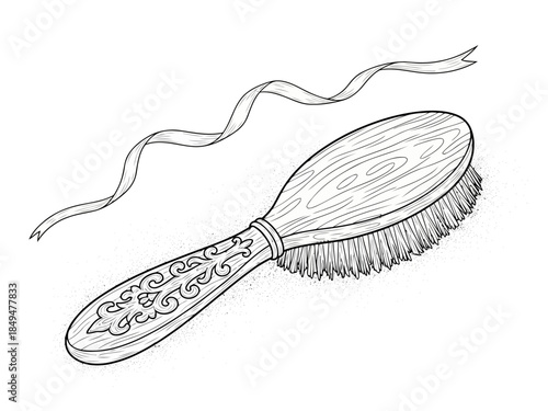 Black and white sketch of a vintage hairbrush with a decorative handle and bristles