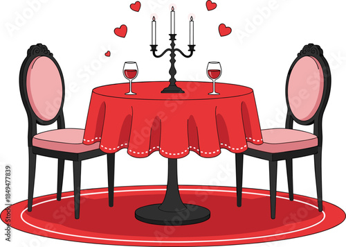 Romantic dinner illustration, candlelight table for two, wine glasses, love hearts, valentines date concept, elegant cartoon vector design