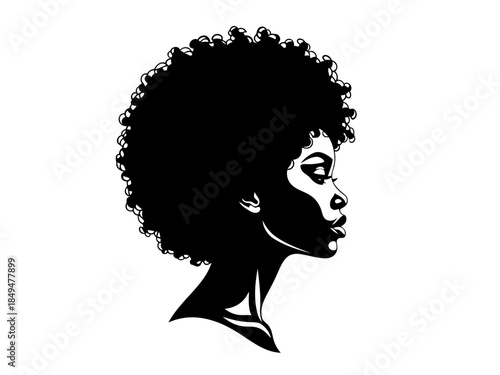 Black and white illustration of a woman with an afro hairstyle looking to the side