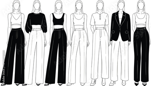 Women fashion flat illustration, modern outfit collection, minimalist clothing design lineup, black white apparel style, vector technical drawing