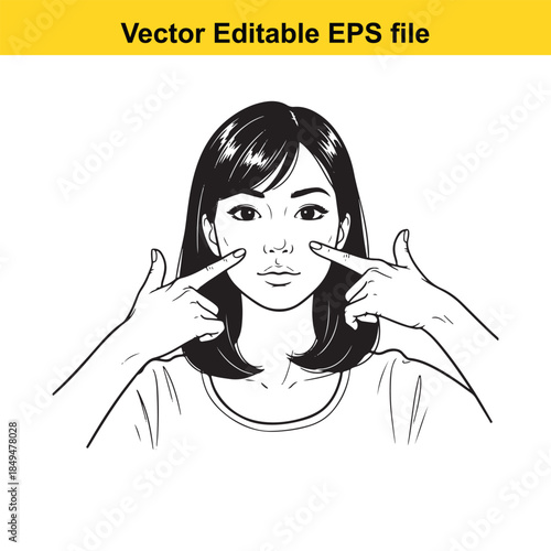  vector illustration of a woman pointing to her cheeks with both hands in a funny gesture isolated on white background