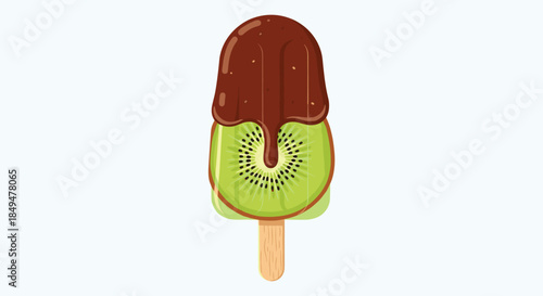 A refreshing and delicious kiwi fruit popsicle partially dipped in rich chocolate, perfect for a sweet summer treat.