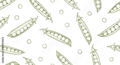 Elegant vintage-style seamless pattern depicting fresh green pea pods, both whole and shelled, along with scattered individual peas on a white surface.
