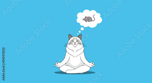 Humorous illustration of a fluffy cat meditating in a yoga lotus pose while hilariously dreaming about catching a small mouse.