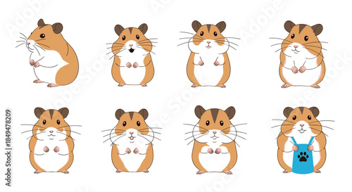 Adorable collection of cute cartoon hamster characters showing a variety of different emotions, poses, and expressions on white.