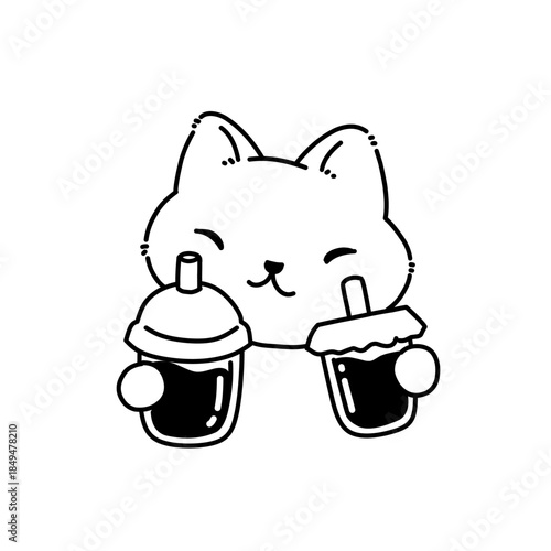 Cute cat holding two takeaway drinks in clean line art style, simple outline illustration suitable for coloring pages, cafe themes, kids activities, and printable designs.
