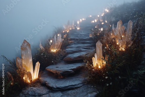 Mystical stone path illuminated by warm glowing crystals in the fog