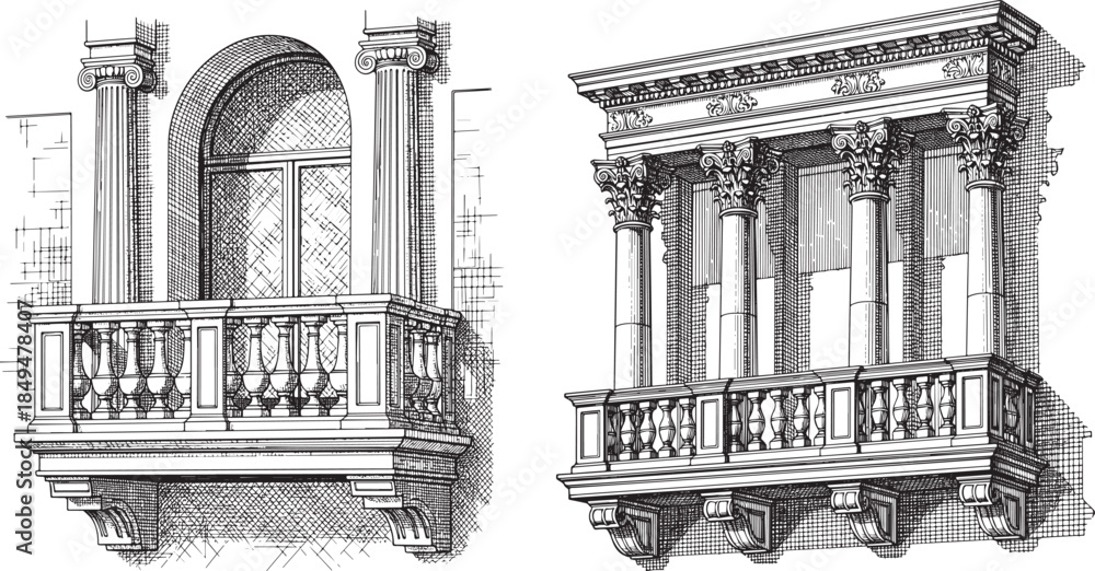 Naklejka premium Renaissance Style Balcony Architecture Etching Engraving Style Vector Icon Set Isolated Historic Classical Facade Illustration