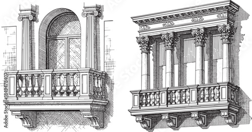 Renaissance Style Balcony Architecture Etching Engraving Style Vector Icon Set Isolated Historic Classical Facade Illustration