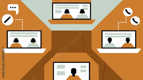 Illustration depicting multiple video calls with people connected through laptops and communication icons on transparent background silhouette