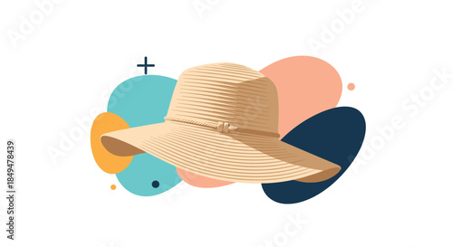 Stylish woven straw sun hat with a wide brim, featured against a modern background of colorful abstract fluid shapes.