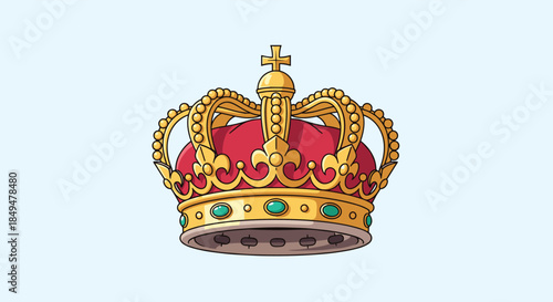 Ornate and luxurious royal crown made of gold, adorned with red velvet, precious green jewels, and intricate filigree details.