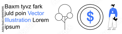 Finance, business planning, sustainability, economic growth, wealth management, investment strategies. A person, a dollar symbol and a tree outline. Finance and sustainability concepts