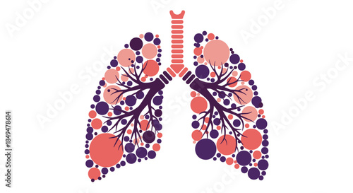 Stylized artistic representation of human lungs composed of various sized pink and purple circles, symbolizing respiratory health.