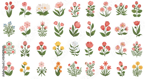 Large collection of beautifully illustrated folk art style flowers, featuring a variety of blooms in soft pink, yellow, and red hues.