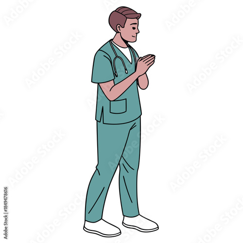 Illustration of a doctor in scrubs with hands together medical professional in teal uniform