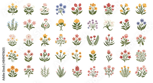 Big set of diverse and colorful flowers illustrated in a charming folk art style, perfect for botanical and decorative designs.